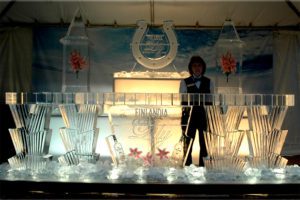 a woman standing near an ice bar counter