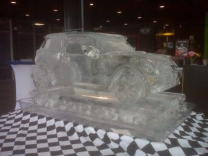 3D Ice Sculpture of a Car on Display