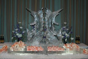 Ice Sculptures of Dolphins and food items