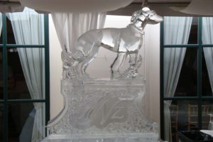 Ice Sculpture of a Dog in a room