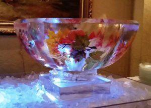 Ice Sculpture of bowl with colorful leaves