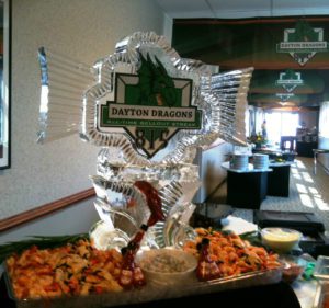 Dayton Dragons Ice Sculpture with snacks around it