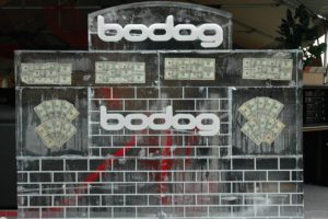 closeup shot of the bodog huge Ice Sculpture