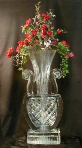 Ice sculpture of a flower pot with flowers